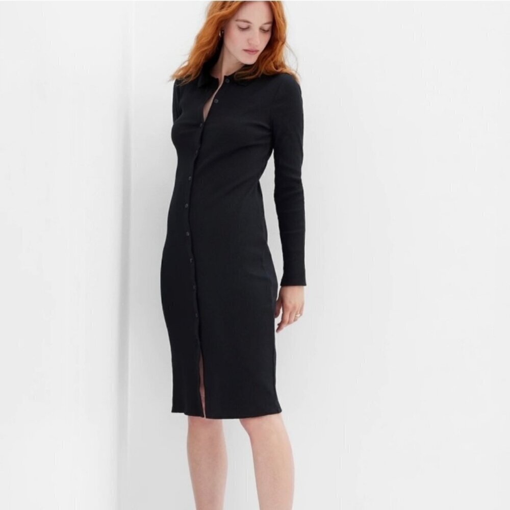 Gap Polo Long Sleeve Ribbed Midi Black Dress Size Large